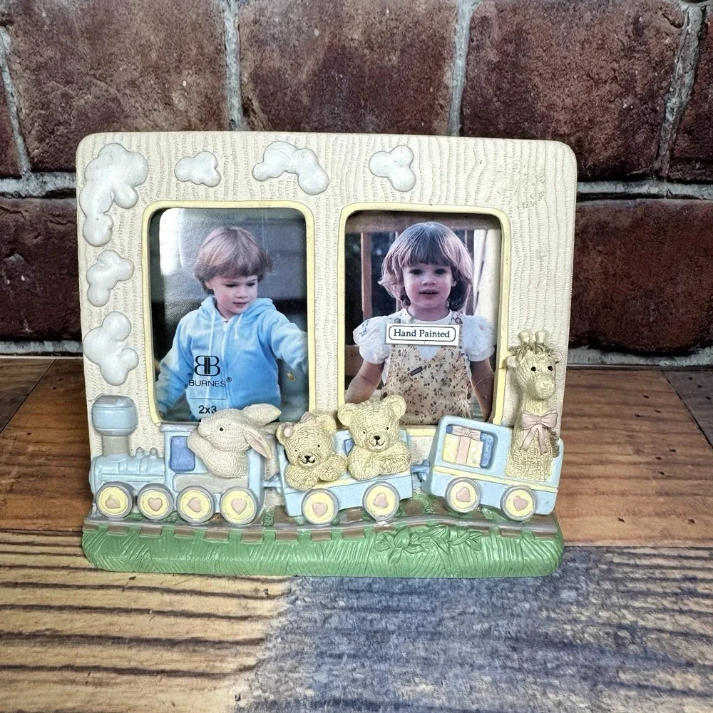 Vtg Burnes of Boston Ceramic Double Picture Frame Nursery Train 1990s Y2K Pastel